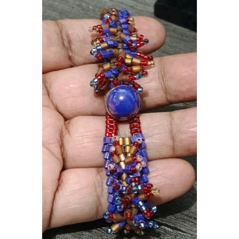 Hand Woven Fringed Glass Bead Purple Red Gold Artisan Bracelet